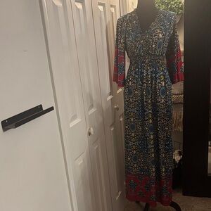 Bohemian Maxi Dress with Red and Blue Accents